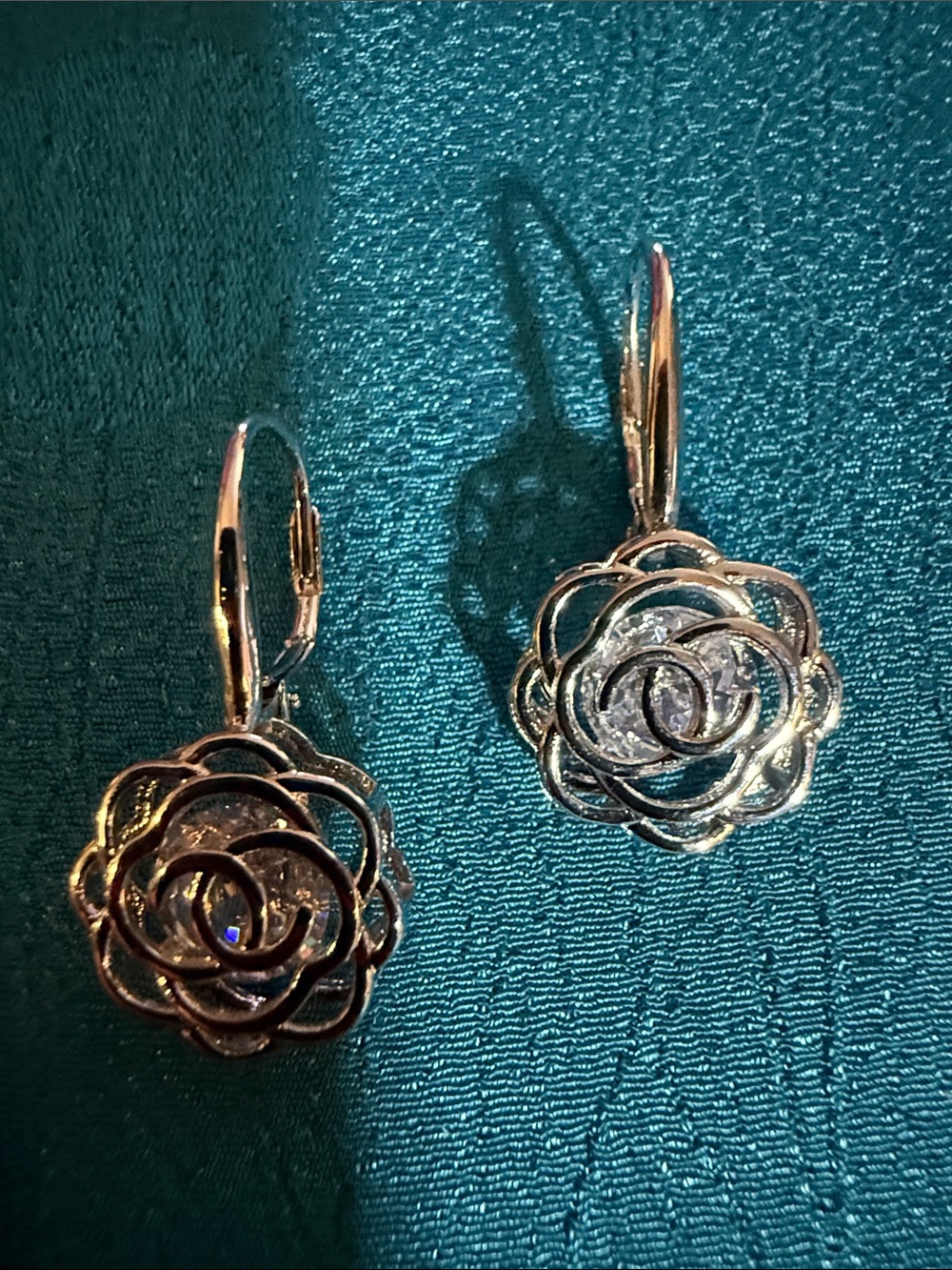 Silvertone Floral Drop Earrings with Clear Crystal Center